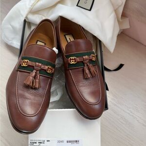 Gucci Brown Leather Loafers with Tassels and Gold Accents